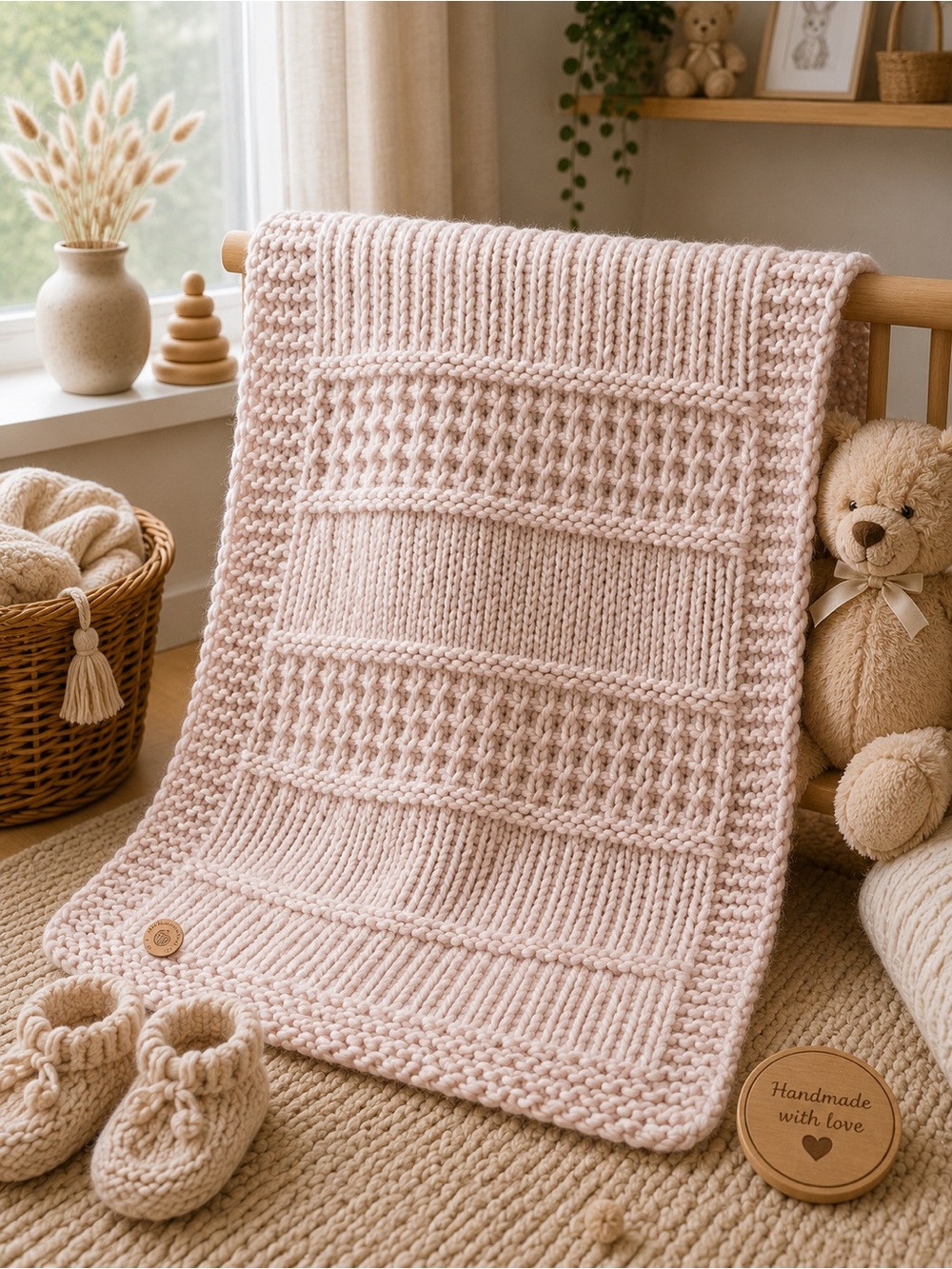 Handmade fluffy Cream/pink Baby Knit Blanket - Soft Cozy Throw